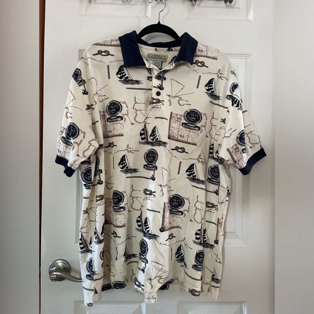 Vintage Natural Issue Men’s Sailboat Maritime Print Polo